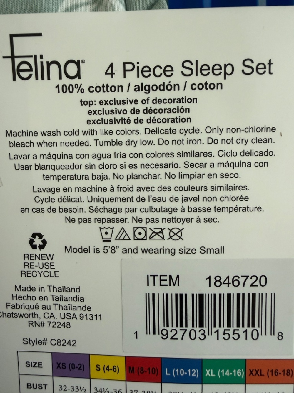 Felina 4 Piece Cotton Sleep Set Sage Green Ivory Pajama Set NWT Size L - Picture 5 of 5